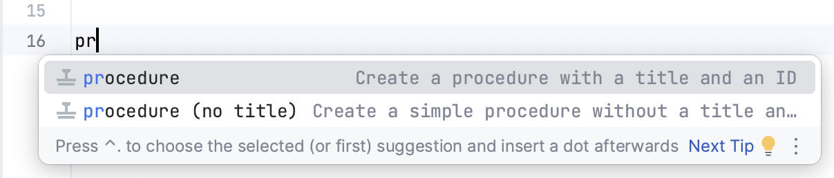 completion suggestions for procedure